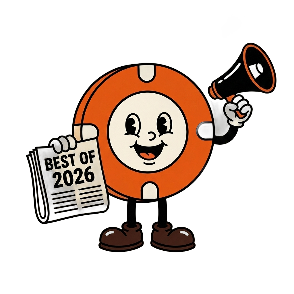 ANTE chip mascot with a megaphone and a Best of 2026 newspaper